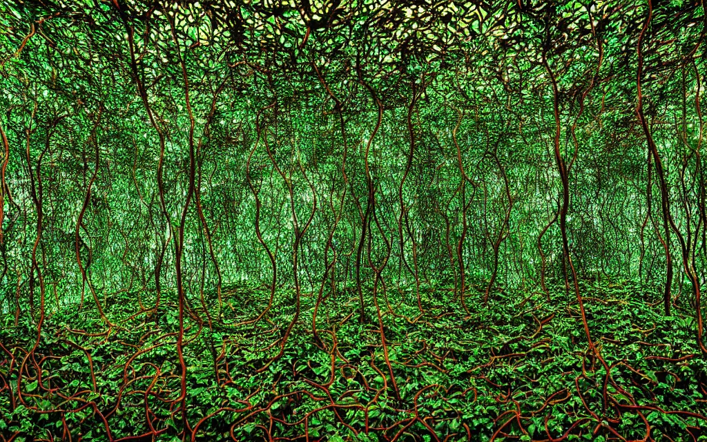 Image similar to Multiple layers of perspective Deep dark green jungle vines. metal foundry Clay sculpture by Magritte. Surreal sense of scale and depth. mind bending illusions of light and shadows by Magritte and Jackson Pollock. Huge clay art installation in an abandoned metal foundry. red, gold, green, black.