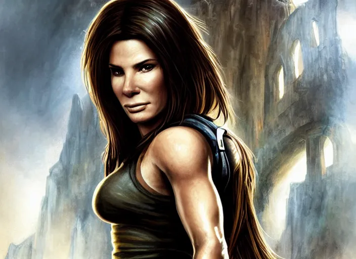 Image similar to face portrait of concentrated young Sandra Bullock as Lara Croft entering the large Minas Tirith gate, sun beams, intricate, elegant, highly detailed, centered, digital painting, artstation, concept art, smooth, sharp focus, illustration, Allan Lee, John Howe