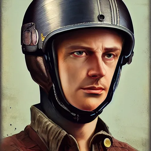 Prompt: a portrait of 1 9 2 0 man in a vintage racing helmet by sandra chevrier, detailed render, epic composition, cybernetics, 4 k realistic, cryengine, realistic shaded lighting, sharp focus, masterpiece, by matteo scalera, gary montalbano, peter elson in the style of the tokyo ghost comic