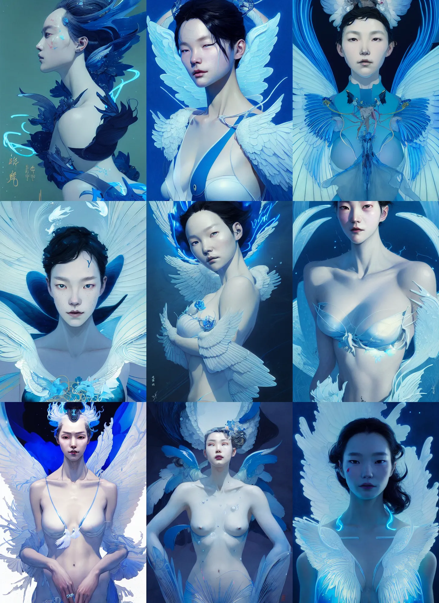Prompt: character design by james jean, jakub rebelka, tran nguyen, yoann lossel, wadim kashin ( ( ( portrait of hoyeon jung with white wings in a royal blue chic bra ) ) ) emerging from a bioluminescent wave, sharp edges. ultra clear detailed. 8 k. ultra detailed, majestic, intricate,