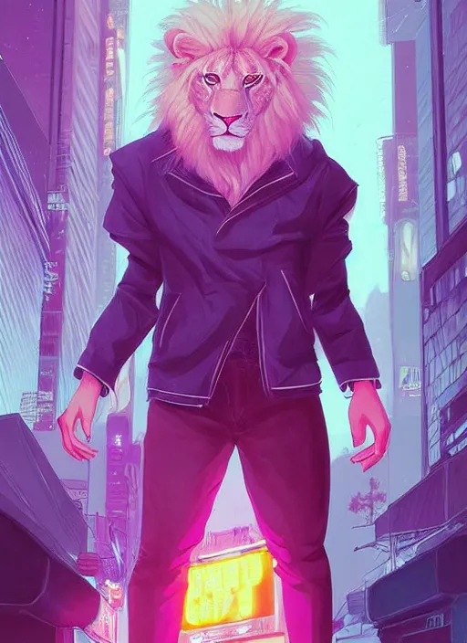 Image similar to beautiful portrait commission of a albino male furry anthro lion wearing a tiger striped jacket. vaporwave city at night in the rain. Neon light. Atmospheric. Character design by charlie bowater, ross tran, artgerm, and makoto shinkai, detailed, inked, western comic book art