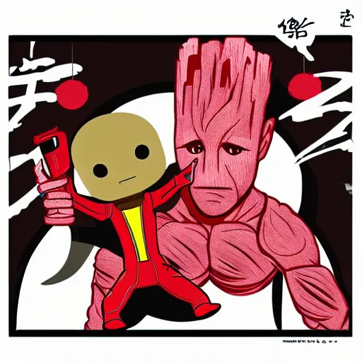 Image similar to baby groot and random japanese color with red and black colors as pop smoke album cover