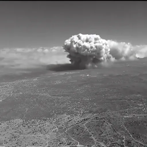 Image similar to combat drone strike war footage, ir, infrared camera, very high contrast, nuclear cloud, high angle vertical