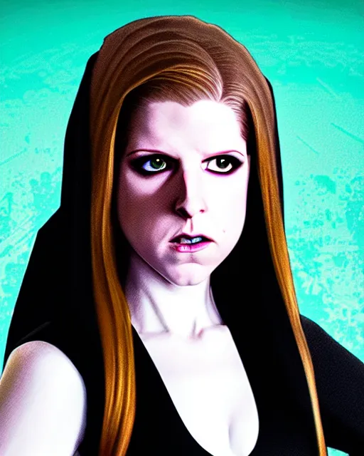 Image similar to Rachel Walpole art, David Villegas, cinematics lighting, beautiful Anna Kendrick supervillain, green dress with a black hood, angry, symmetrical face, Symmetrical eyes, full body, flying in the air over city, night time, red mood in background