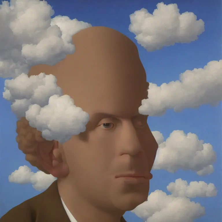 Image similar to portrait of a cloud head, by rene magritte, detailed painting, hd, hq, high resolution, high detail, 4 k, 8 k