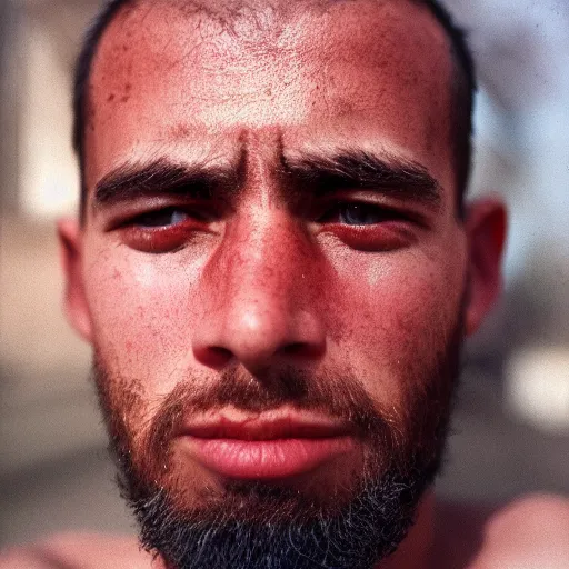 Prompt: Detailed portrait of a weary jarhead. CineStill.