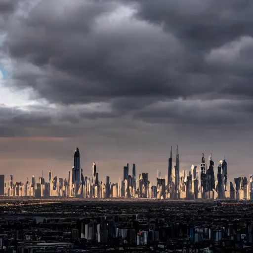 Prompt: Giant futuristic megacity towering across the landscape, post apocalyptic, EOS-1D, f/16, ISO 200, 1/160s, 8K, unedited, symmetrical balance, in-frame