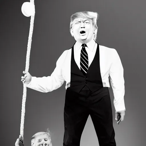 Image similar to donald trump as a circus strong man, black and white photo