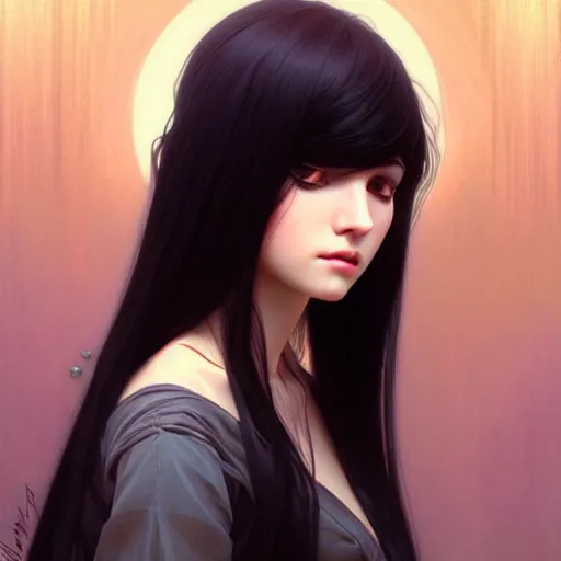 Image similar to a beautiful girl with long black hair and bangs, fantasy, portrait, sharp focus, intricate, elegant, digital painting, artstation, matte, highly detailed, concept art, illustration, ambient lighting, art by ilya kuvshinov, artgerm, Alphonse mucha, and Greg Rutkowski