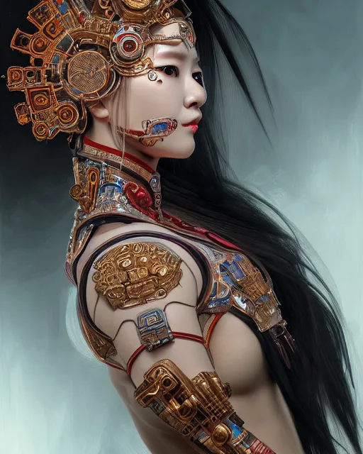 Image similar to portrait of a cyberpunk machine, machine face, upper half portrait, decorated with chinese opera motifs, asian, fine china, traditional chinese art, intricate, elegant, highly detailed, symmetry, headpiece, digital painting, artstation, concept art, smooth, sharp focus, illustration, art by artgerm and greg rutkowski and alphonse mucha, 8 k