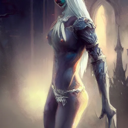 Image similar to portrait of a drow elf, dungeons and dragons character, castle background, gorgeous view, realistic, high detail, digital art, painted by greg rutkowski, painted by jeremy mann, trending on artstation