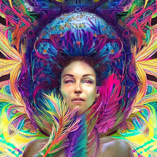 Prompt: Areality bending psychedelic ayahuasca experience, colorful, distorted, surreal, tropical bird feathers, dramatic lighting on the face, intricate, elegant, highly detailed, digital painting, concept art, smooth, sharp focus, illustration, art by Krenz Cushart and Wayne Barlowe and alphonse mucha