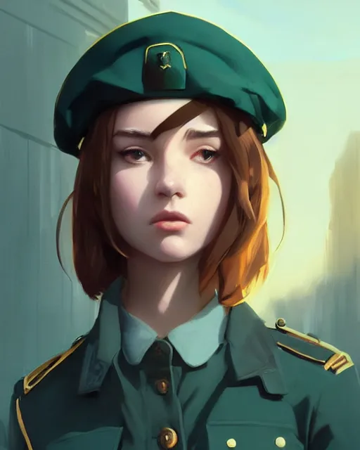 Image similar to symmetrical portrait bust of young woman with shoulder length light brown hair and hazel eyes dressed in a sharp dark teal military uniform and beret, blurred city background in twilight lighting, ilya kuvshinov, anime, greg rutkowski, guweiz, ross tran, artstation trending, artgerm, concept art, digital painting, painterly