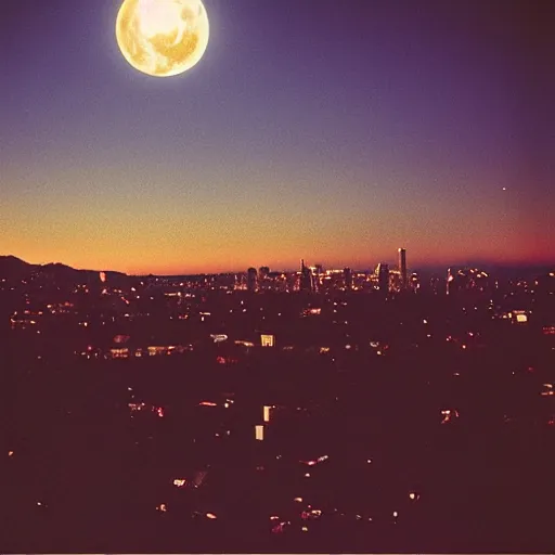 Image similar to ryan mcginley photograph, leica s, kodachrome, rooftop, los angeles, moon, downtown, echo park, lake, swans, landscape, cigarette