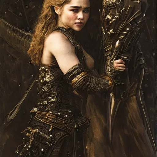 Image similar to emilia clarke, with short canines fangs, wearing dark black ornamented medieval armour, detailed, by gaston bussiere, bayard wu, greg rutkowski, giger, maxim verehin, greg rutkowski, masterpiece, sharp focus,