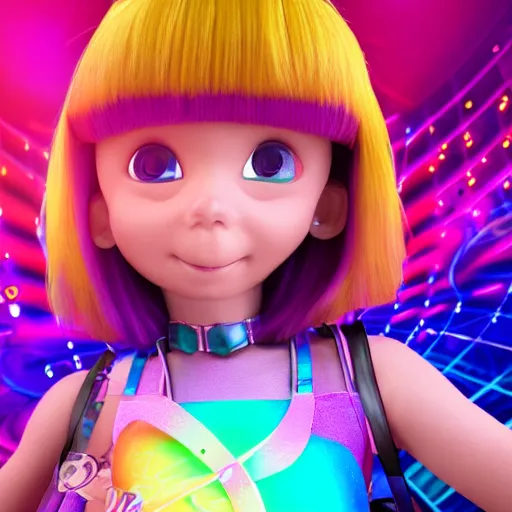 Prompt: 35mm macro shot portrait of an extremely cute and adorable Cyberpunk Prismatic Spectrum Cosmic Magical Girl Dora The Explorer from the Rainbow Sky Paradise playing Dance Dance Revolution at Eurovision and Tomorrowland, large piercing eyes, smirk, ambient occlusion, DAZ, cinematic lighting, 3D render, unreal engine 5, professional graflex photograph, flat vector art background, still from The Lord of The Rings reboot directed by Mark Ryden and Artgerm