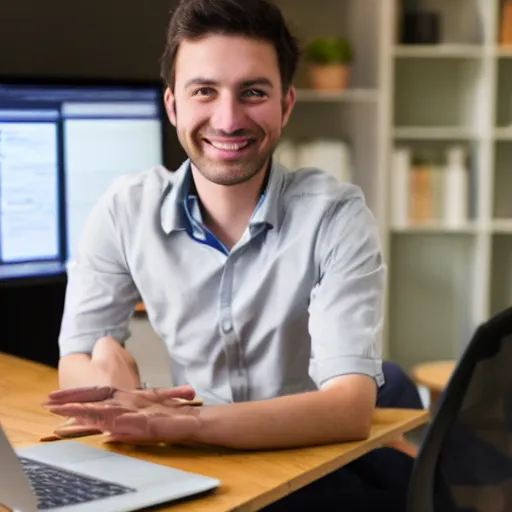 Image similar to smiling software engineer in chair