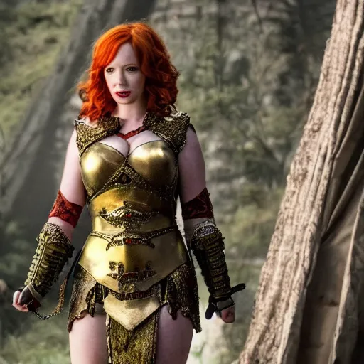 Image similar to long shot photo of Christina Hendricks as a warrior with malachite armour