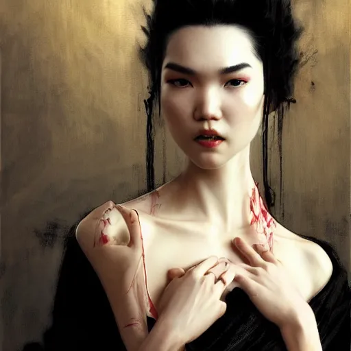 Prompt: detailed cinematic wide shot of beautiful attractive tao okamoto asian vampire woman wearing black bath robe slim face symettrical face clean skin black eyes black robe smooth, sharp focus, ultra realistic, spring light, painting by gaston bussiere, craig mullins, j. c. leyendecker