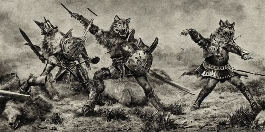 Image similar to anthropomorphic furry wolf in armor fighting in a battlefield, 1900s picture