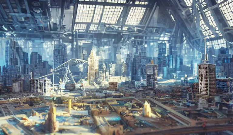 Image similar to group of people in simple warehouse, looking at hologram of futuristic city on a table, cinematic concept art, godrays, golden hour, natural sunlight, 4 k, clear details, tabletop model buildings, center model buildings, hologram center, crane shot, crane shot, crane shot