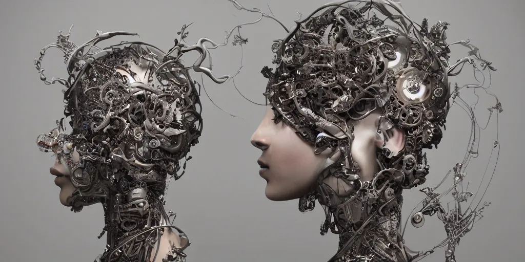 Prompt: hyperrealistic photography of a highly detailed and symmetrical gorgeous cyborg female deconstructing a poetry machine in the style of beth cavener, jin kagetsu, james jean and wlop, highly detailed, face symmetry, masterpiece, award - winning, sharp focus, intricate concept art, ambient lighting, 8 k, artstation