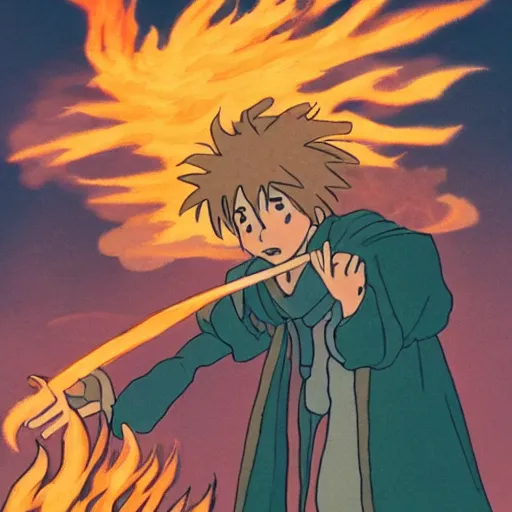 Image similar to A young wizard casting a fire spell in the style of howl's moving castle