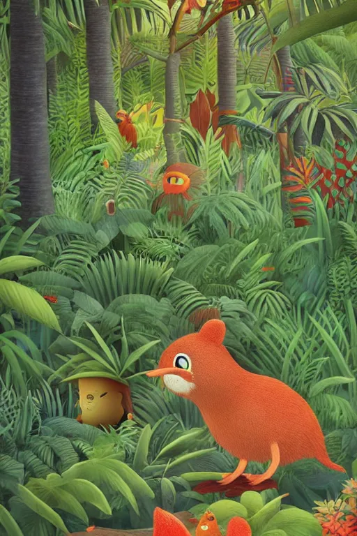 Image similar to rare bird in the jungle, highly detailed, unreal engine render concept art, style of henri rousseau and richard scarry and hiroshi yoshida