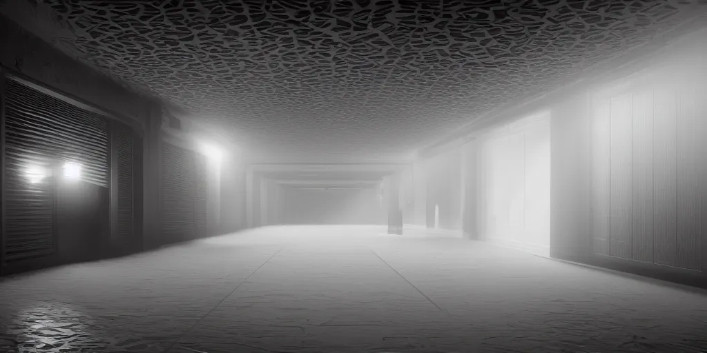 Image similar to a long angle shot of a big dark room with white lights on the celling and a long hallway at the end of the room with red lights on the celling, highly detailed, unreal engine, 4 k, dark, moody, noisy, game render, hyper realistic