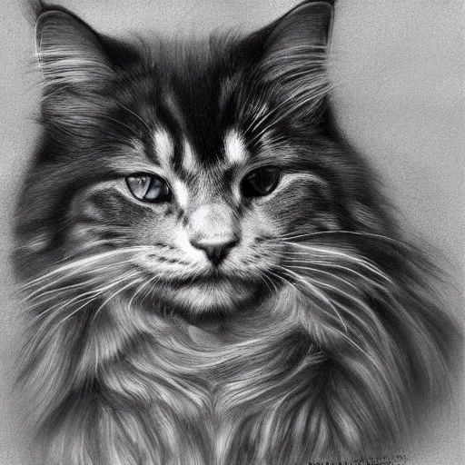 Image similar to long - haired siberian cat, illustration, charcoal, trending, artstation, hyper - detailed, coulson, peter