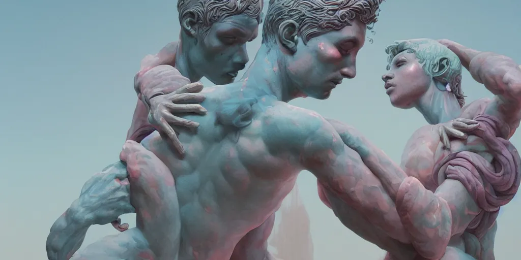 Prompt: roman sculpture of intertwined bodies painted in pastel colors. artwork by James Jean and Tooth Wu and wlop and beeple and greg rutkowski and nekroxiii. octane render, cinematic, hyper realism, octane render, 8k, depth of field, bokeh. iridescent accents. vibrant.