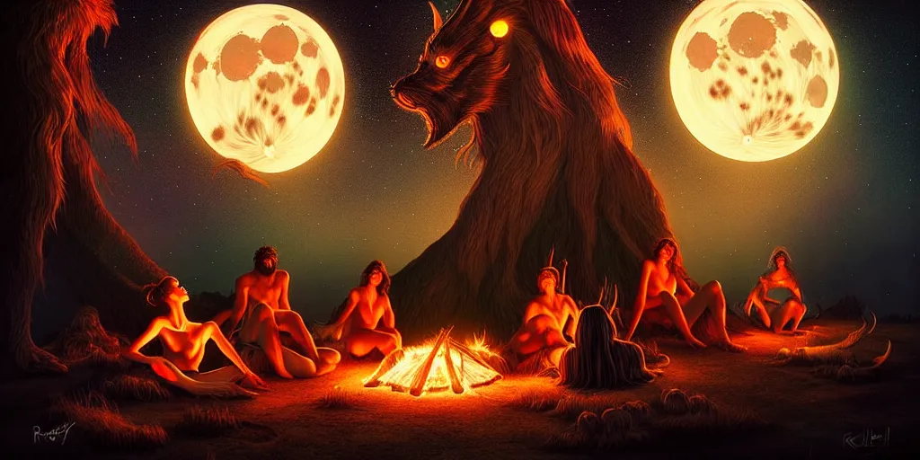 Image similar to venus infused scene at bifrost!!!!!! mythical beasts of sitting around a fire under a full moon at bifrost, surreal dark uncanny painting by ronny khalil