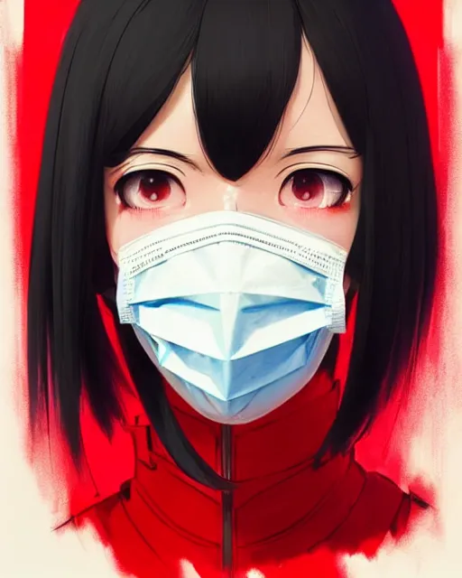 Image similar to black haired girl wearing a surgical mask and red dress | | audrey plaza, warframe armor, fine detail!! anime!! realistic shaded lighting!! poster by ilya kuvshinov katsuhiro otomo ghost - in - the - shell, magali villeneuve, artgerm, jeremy lipkin and michael garmash and rob rey