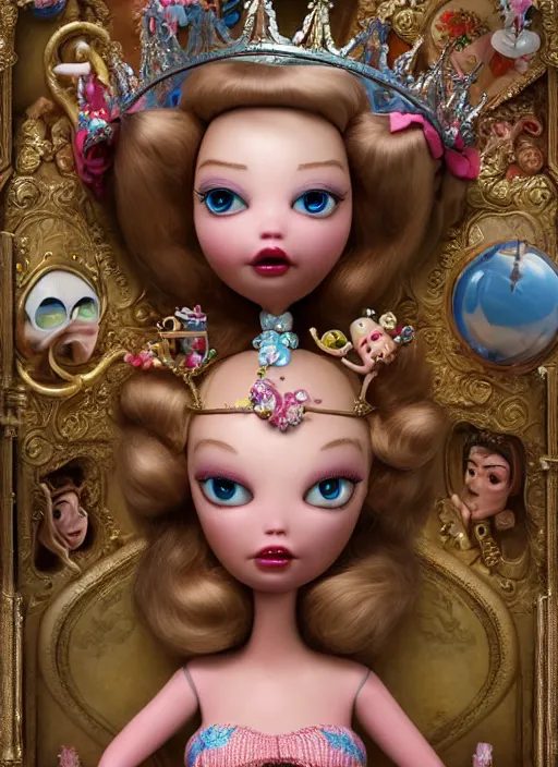 Image similar to highly detailed closeup, face profile portrait of a tin toy fairytale princess wearing a crown eating cakes, bikini, unreal engine, by nicoletta ceccoli, mark ryden, lostfish, dan decarlo, bob clampett, max fleischer, global illumination, detailed and intricate environment