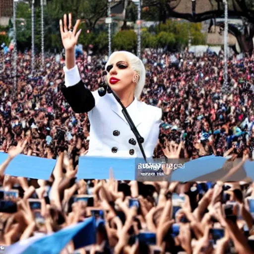 Image similar to Lady Gaga as president, Argentina presidential rally, Argentine flags behind, bokeh, giving a speech, detailed face, Argentina