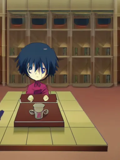 Prompt: anime screenshot of a powerful magician in his laboratory. magical artefacts in the table, bushs of flowers growing in the roof and floor