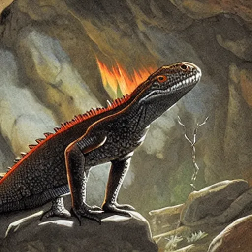 Prompt: Giant lizard spies fire, in a cave, many bones around