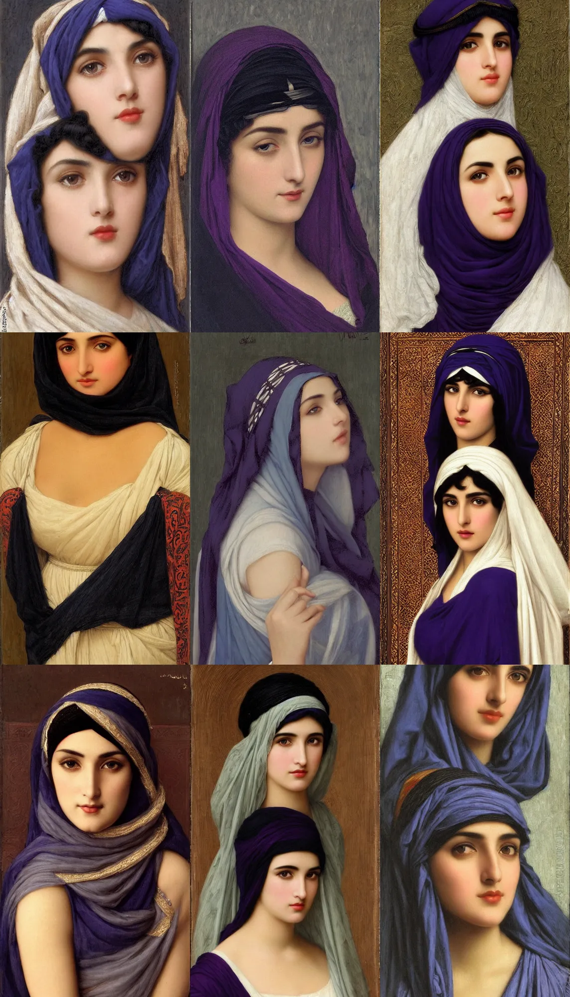 Prompt: a greek arab ameera al taweel, blue eyes, straight black hair, deep purple veil, beautiful by john william godward