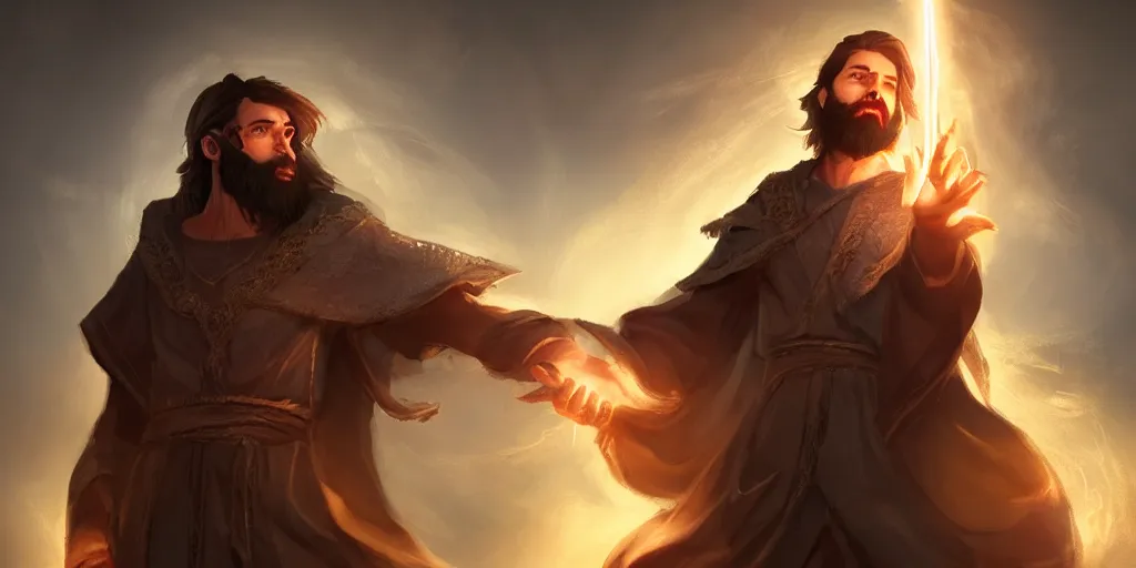 Prompt: a handsome brown hair bearded male sorcerer, he is casting a lighting spell, waist up, light rays, bloom, epic composition, dramatic lighting, concept art, cinematic, trending on artstation