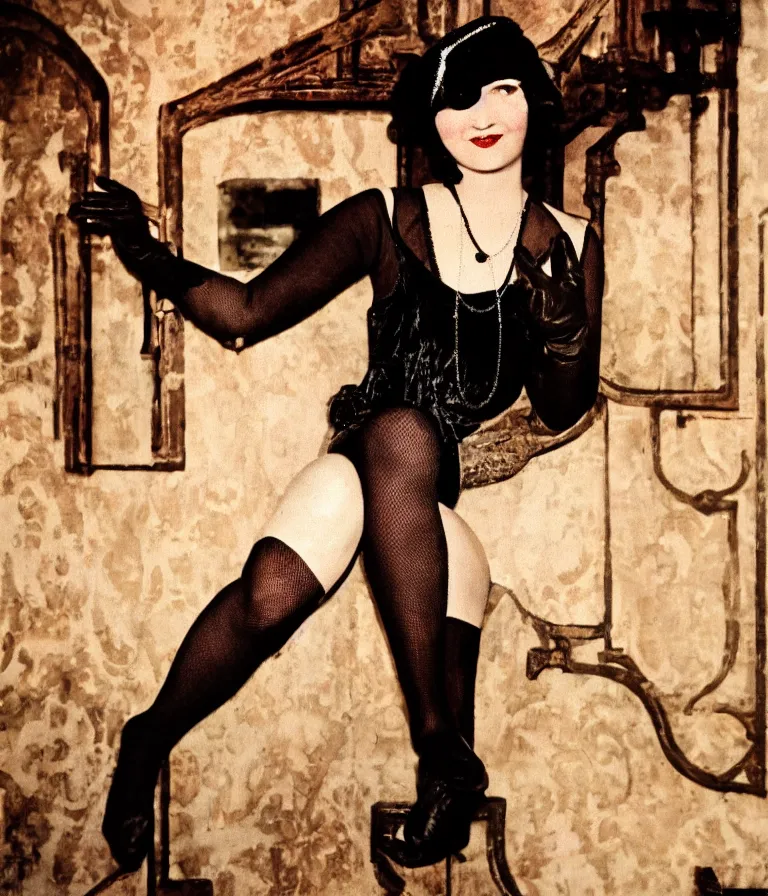 Prompt: antique colored shot of a 1 9 2 0 s short - haired flapper woman in black satin gloves looking and smirking at the camera, at a party in a dimly lit speakeasy bar, jazz age, precise, wide shot, cohesive, art deco, cinematic, low - lighting, photography