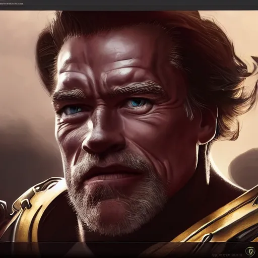 Image similar to a screenshot of arnold schwarzenegger as reinhardtin overwatch, portrait, fantasy, beautiful face, vivid colors, elegant, concept art, sharp focus, digital art, hyper - realistic, 4 k, unreal engine, highly detailed, hd, dramatic lighting by brom, trending on artstation