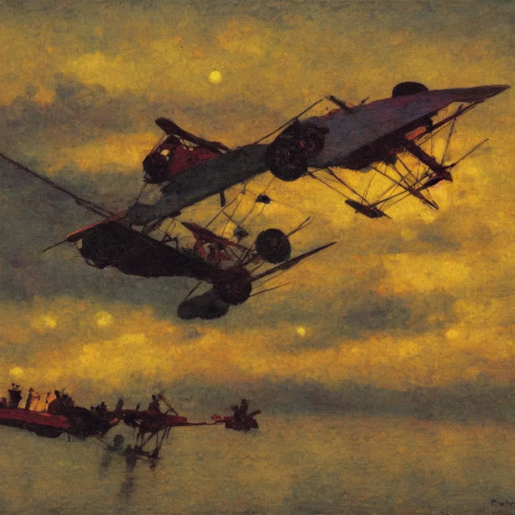 Prompt: two zepplins in the twilight, 1915, highly detailed colourful oil on canvas, by Ilya Repin