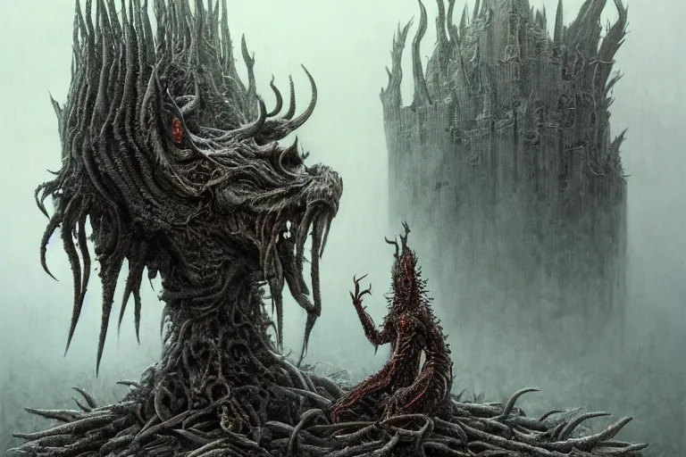 Image similar to Haunting horrifying hyperrealistic detailed painting of a demon creature creature sitting atop a giant throne of spikes in a foggy hellscape, dystopian feel, heavy metal, disgusting, creepy, unsettling, in the style of Michael Whelan and Zdzisław Beksiński, lovecraftian, hyper detailed, trending on Artstation