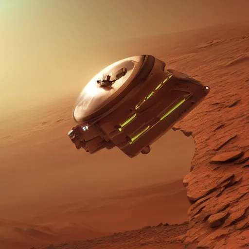 Prompt: A futuristic flying vehicle hovering the surface of Mars, wide angle, low angle shot, mood lighting, Behance, 3d digital art in the style of Oblivion movie