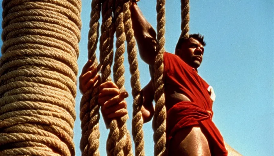 Prompt: 1 9 6 0 s movie still close - up of marcus atilius regulus tied with ropes at a pole with his wide open eyes looking at the burning sun, bleeding, cinestill 8 0 0 t 3 5 mm eastmancolor, high quality, heavy grain, high detail, texture, dramatic light, anamorphic, hyperrealistic, detailed hair