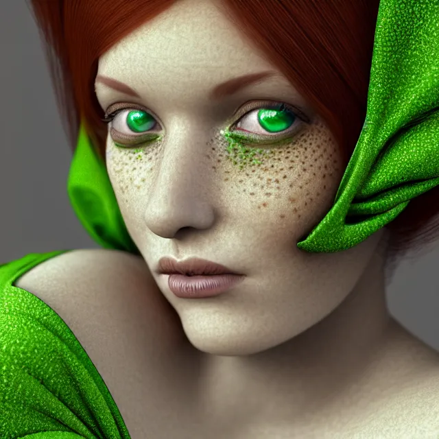 Prompt: an striking!! render of a woman with auburn hair and a white veil on her head wearing a green dress sitting in front of an open window, an ambient occlusion render, featured on zbrush central, hyper realistic art, neural pointillism, houdini, zbrush, warm earth tones, natural light