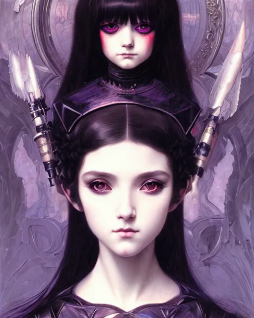 Image similar to portrait of beautiful cute young goth maiden girl with short white hairs in warhammer armor, art by ( ( ( kuvshinov ilya ) ) ) and wayne barlowe and gustav klimt and artgerm and wlop and william - adolphe bouguereau