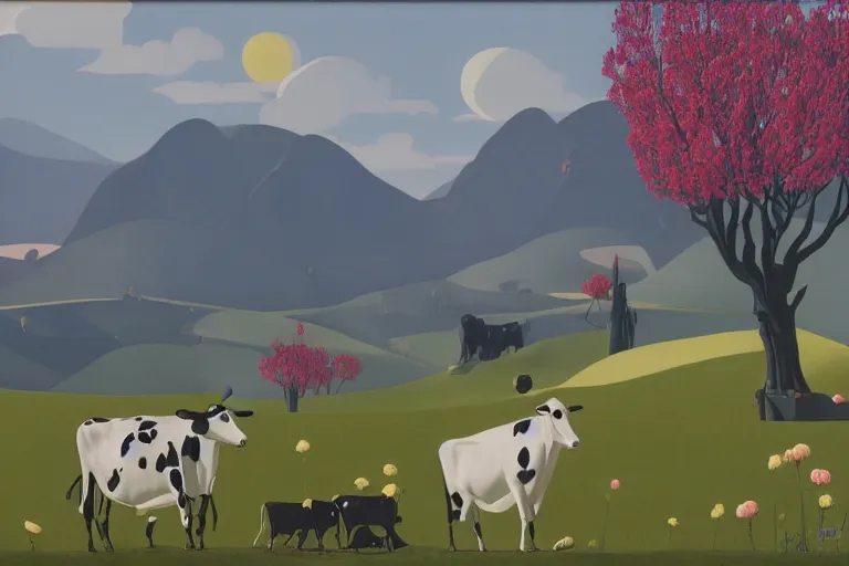 Image similar to giant retro - robot, cows, blooming hills with spring flowers and pillars by helen lundeberg