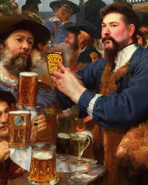 Image similar to a painting of jonathan frakes holding a mug of beer at the oktoberfest, a detailed painting by konstantin makovsky and by jan matejko and by nikolay makovsky, shutterstock contest winner, german romanticism, detailed painting, oil on canvas, wimmelbilder