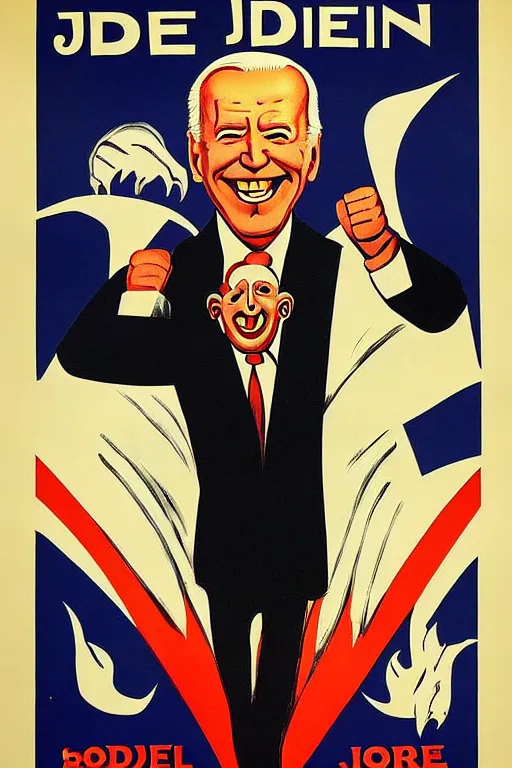 Prompt: joe biden!!!!! propaganda poster by miguel covarrubias! smile, creepy!, joe biden as satan!!! devil worshiper!!! ink print press, ww 2 poster,, iconic, masterpiece, ornate and detailed, propaganda, award winning